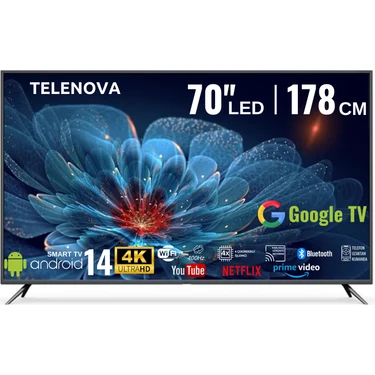 Telenova 70 İnç 178 Ekran 4K Ultra HD  Android 14, Smart TV LED HDR WiFi Netflix & YouTube