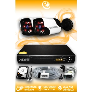 Elitcam 2 Kameralı Panda 2 Dış Kamera Set 250 GB HDD Full HD Gece Görüşlü Güvenlik Kamerası