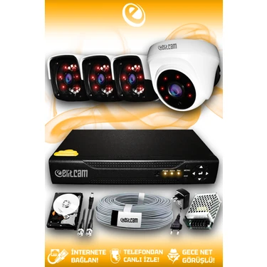 Elitcam 4 Kameralı Panda 1 İç Kamera Set 250 GB HDD Full HD Gece Görüşlü Güvenlik Kamerası
