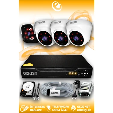 Elitcam 4 Kameralı Panda 3 Iç Kamera Set 320 GB HDD Full Hd Gece Görüşlü Güvenlik Kamerası