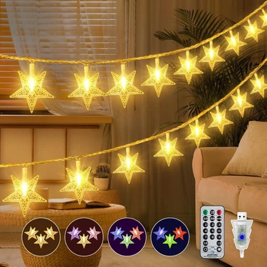 SGE 12 Metre 100 LED Yıldız USB  Sarı ve Rgb Işık Kumandalı 8 Modlu Ev Bahçe Balkon Ağaç Çit Süsü