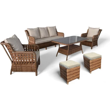Monalin Home Garden I Elite 7 Kişilik Oturma Takımı (Kahverengi) I Rattan El Örgüsü Bahçe