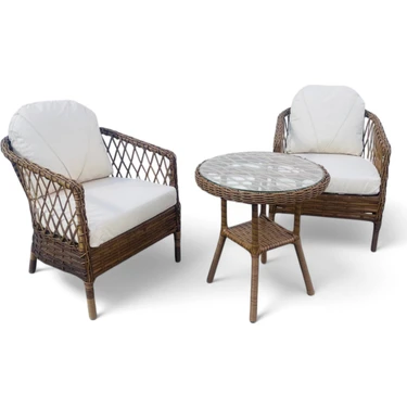 MONALİN MOBİLYA Miami Kahverengi 2 Kişilik(1-1-Masa) Rattan Örgü Bahçe & Balkon & Teras Oturma