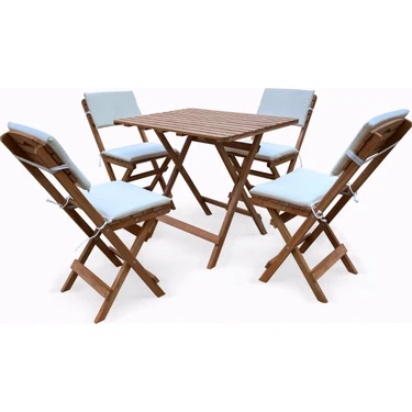Evvon Ahşap Katlanır Bistro Set 4lü Minderli Balkon Bahçe