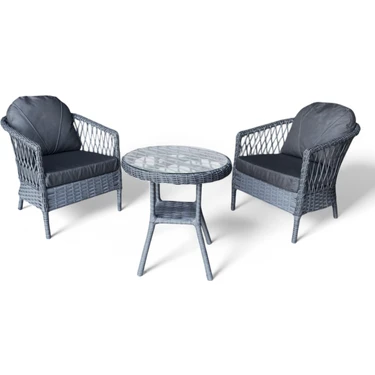 MONALİN MOBİLYA Miami Gri 2 Kişilik(1-1-Masa) Rattan Örgü Bahçe & Balkon & Teras Oturma Grubu