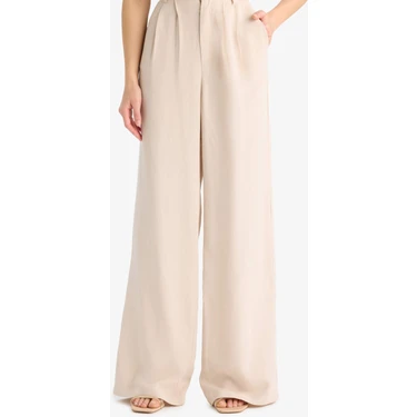 DeFacto Wide Leg Keten Karışımlı Pantolon Normal Bel Geniş Paça Cepli Fermuarlı Standart Boy