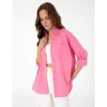 Pierre Cardin Kadın Açık Pembe Oversize Keten Karışımlı Uzun Kollu Gömlek