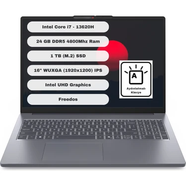 Lenovo Ideapad Slim 3 16IRH10 GTI24 Intel Core I7 13620H 24GB 1tb SSD Freedos 16'' Fhd Taşınabilir