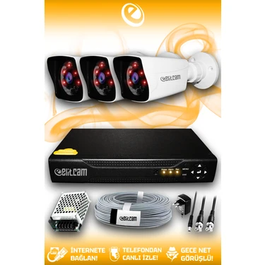 Elitcam 3 Kameralı Kare 3 Dış Kamera Set Hdd'siz Full Hd Gece Görüşlü Güvenlik Kamerası