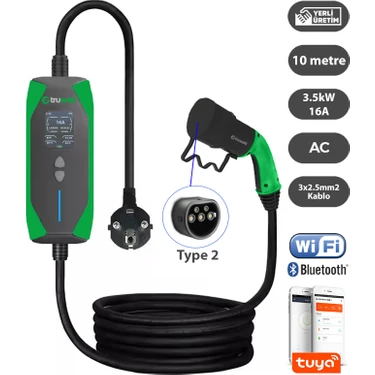 Truwatt ZT210 Taşınabilir Elektrikli Araç Şarj Cihazı Türkçe Menü 16A/3.5KW/220V (10