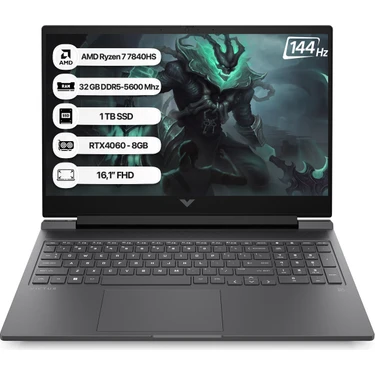 Hp Victus 7Z600EA Amd R7 7840HS 32GB 1tb SSD RTX4060-8GB Freedos 16.1" Fhd 144Hz Taşınabilir
