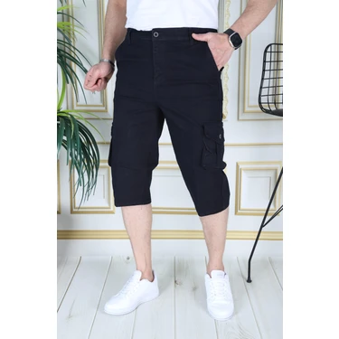 Lacivert Erkek Regular Fit Rahat Kesim Kapri Likralı Gabardin Diz Altı Kargo Cepli Bermuda