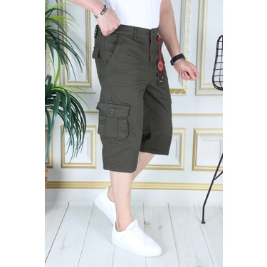 Haki Erkek Regular Fit Rahat Kesim Kapri Likralı Gabardin Diz Altı Kargo Cepli Bermuda
