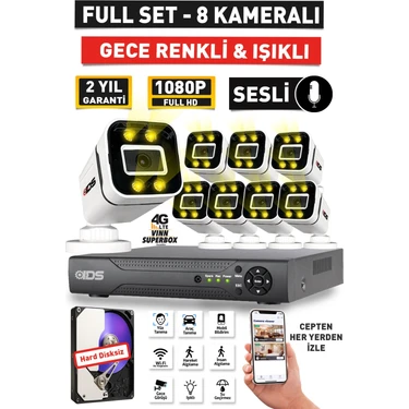 Sesli - 8 Kameralı Fullhd Gece Renkli ve Işıklı Güvenlik Kamerası - Kamera Seti Hard