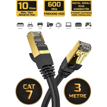 Gold Step Cat 7 Ethernet Kablosu 10 Gigabit/s 600 Mhz Premium Metal Zırhlı RJ45