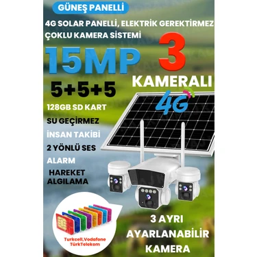 Solar Kamera - Güneş Enerjili Kamera - Sim Kartlı Kamera - 15MP - 3 Lens - 3  Kameralı Güvenlik