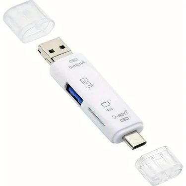 5 In 1 Çok Fonksiyonlu USB 2.0 Micro Sd Kart Okuyucu - Beyaz - Usb/micro Usb/type-C Çıkışlı, Otg