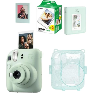 Instax Mini 12 Fotoğraf MAKINESI-20LI Film-Simli Pleksi KILIF-64LÜ Albüm ve Mıknatıslı Çerçeve Set