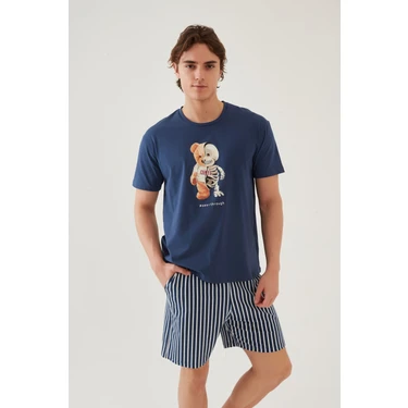 Koza İç Giyim Erkek Pamuklu Mavi Baskılı Cepli Şort Pijama