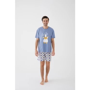 Koza İç Giyim Erkek Kısa Kollu Pamuklu Ekose Desenli Ördek Baskılı Şortlu Pijama