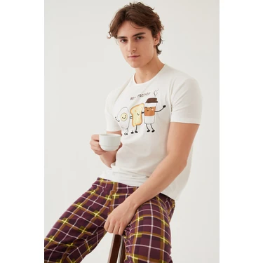 Koza İç Giyim Erkek Kısa Kollu Pamuklu Ekose Desenli Breakfast Baskılı Pijama