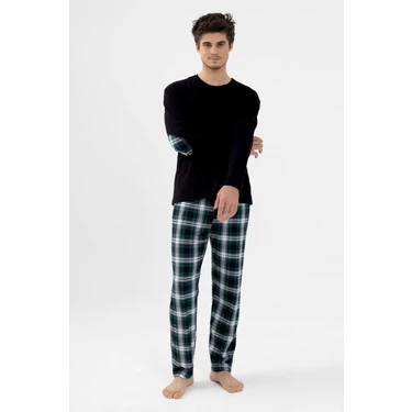 Erkek Pamuklu Uzun Kollu Yamalı Ekose Desenli Pijama