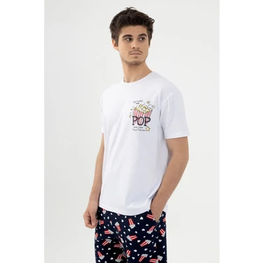 Erkek Kısa Kollu Pamuklu Popcorn Desenli Şortlu Pijama