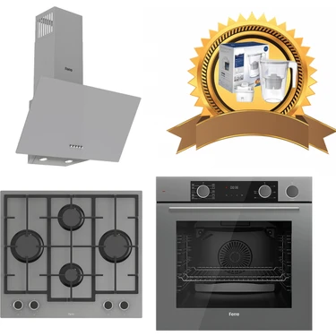 Ferre Fryart & Steamart Gri Cam Ankastre Set (D088 - LN388 Döküm Izgaralı Önden Düğmeli Ocak,