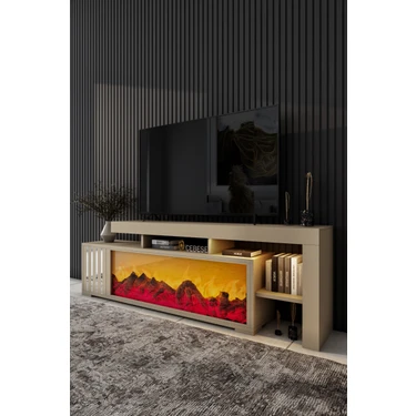 Dekoratif Elektrikli Yapay Şömine ve Tv Ünitesi 160 cm  x 52 cm  Kumandalı Bluetooth Ses, Sahra