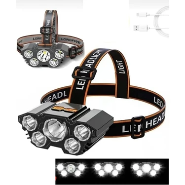 Kenko 150W Ultra Güçlü Kafa Lambası 5 Gözlü LED Fener Şarjlı Kamp Avcı Balıkçı İçin