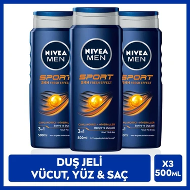 Nivea MEN Erkek Canlandırıcı Banyo ve Duş Jeli Sports 500ml, Vücut Yüz Saç, Yenileyici Mineral, X3