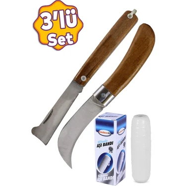 Badem10 Fidan Aşı Bıçağı Eğri Uçlu Bağ Bıçağı Çakısı + Düz Uçlu Açı Bıçak + Aşı Bandı (3'lü