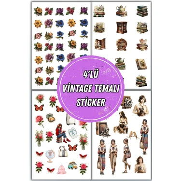 Nostalji  Vintage Temalı 4 Lü  Sticker Seti / Bullet Journal Scrapbook Kolaj Için