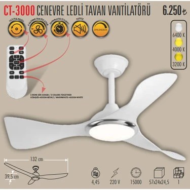 CATA CT-3000 CENEVRE LEDLİ TAVAN VANTİLATÖRÜ