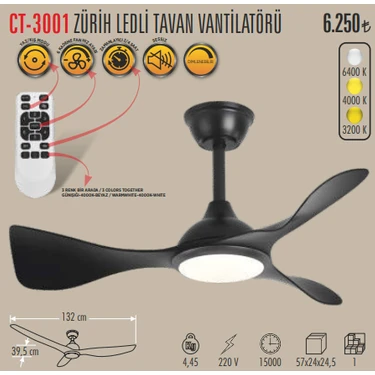 CATA CT-3001 ZÜRİH LEDLİ TAVAN VANTİLATÖRÜ