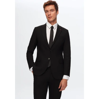 D'S Damat Slim Fit Siyah Düz Mono Yaka Çift Yırtmaçlı Astarlı Takim Elbise