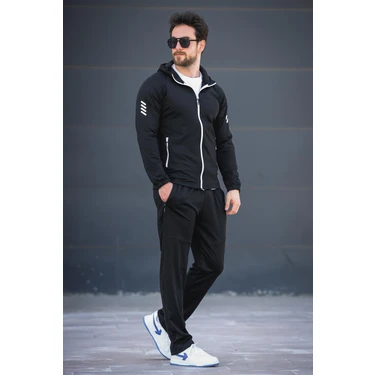 Oksit Remi Slim Fit Kapüşonlu Fermuarlı Erkek Eşofman Takımı Siyah Renk M Beden Rahat
