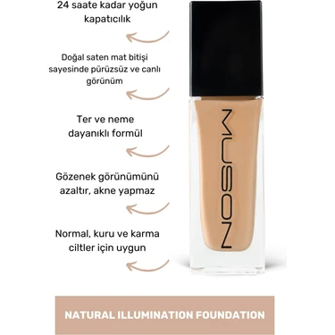 Muson Natural İllumination Fondöten Dark 1 Renk 30 ml Doğal Saten Mat Bitiriş ile Pürüzsüz