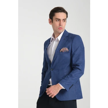 Frappoli Adelfo Erkek Indigo Diagonel Süet Slim Fit Mono Yaka Spor Blazer