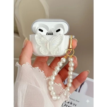 Fibaks Apple AirPods 3. Nesil Uyumlu 3D Kelebek Şeffaf Simli Parlak Kopçalı Kulaklık