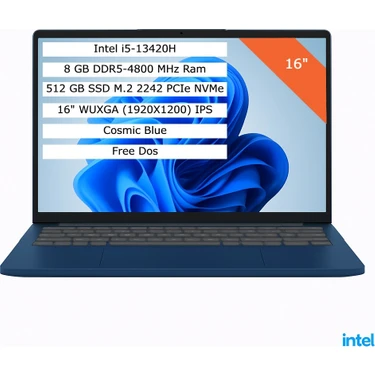 Lenovo Ideapad Slim 3 Intel Core I5-13420H 8gb 512GB SSD 16" Wuxga IPS Fdos Taşınabilir Bilgisayar