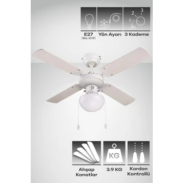 Blooma Eko Beyaz Tavan Vantilatörü 92 cm 4 Kanatlı Ahşap Malzeme ile Modern