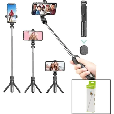 Siyah  Selfi Çubuk - Tripod Ayaklı  57CM Uzayan-Kısalan Saplı + 10CM