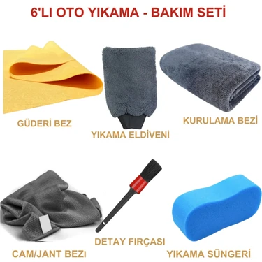 6'lı Mikrofiber Oto Yıkama Seti Kurulama Bezi Cam Bezi Güderi Oto Eldiven Oto Sünger Detay