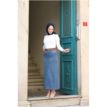 Vellichor Doğal Kumaşlı Mavi Kemerli Kot Etek Uzun Denim 42 Beden Kadınlar İçin Şık