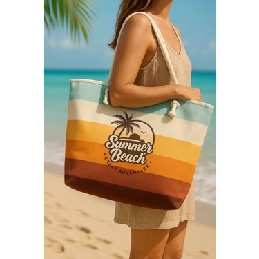 Summer Beach Yazılı Büyük Boy Piknik ve Plaj Çantası –  Halat Saplı – 55X36X15