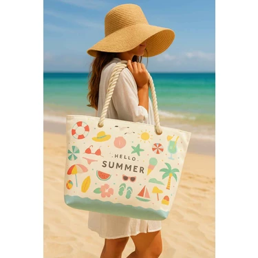 Hello Summer Desenli Büyük Boy Piknik ve Plaj Çantası –  Halat Saplı – 55X36X15
