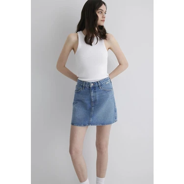 Mavi Regular Fit Normal Bel Mini Boy Kot Etek Bayan Kot Etek