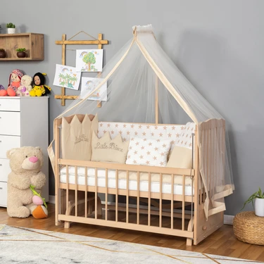 Bamgidoo Ahşap Organik Beşik Anne Yanı Beşik 3 Kademeli Lüx Bebek Beşiği 60 x 120 cm - Krem Prens
