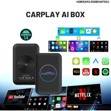 Embatech Carplay Ai Box 4GB+32GB Youtube,netflix,google Play & Kablosuz Carplay&android Auto-